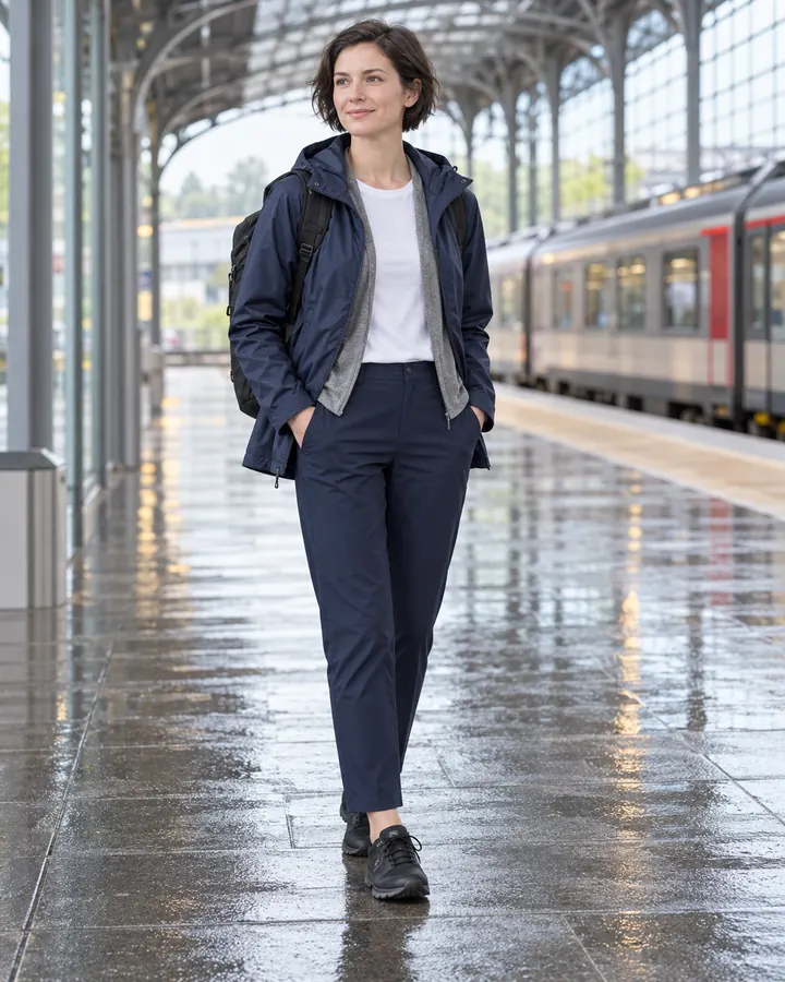 Kvinna i marinblå byxor, vit t-shirt, marinblå regnjacka och praktiska mörka skor