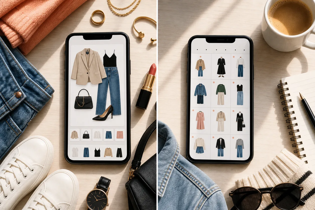 Two phones showing virtual dressing room outfit previews on a desk with clothes and accessories