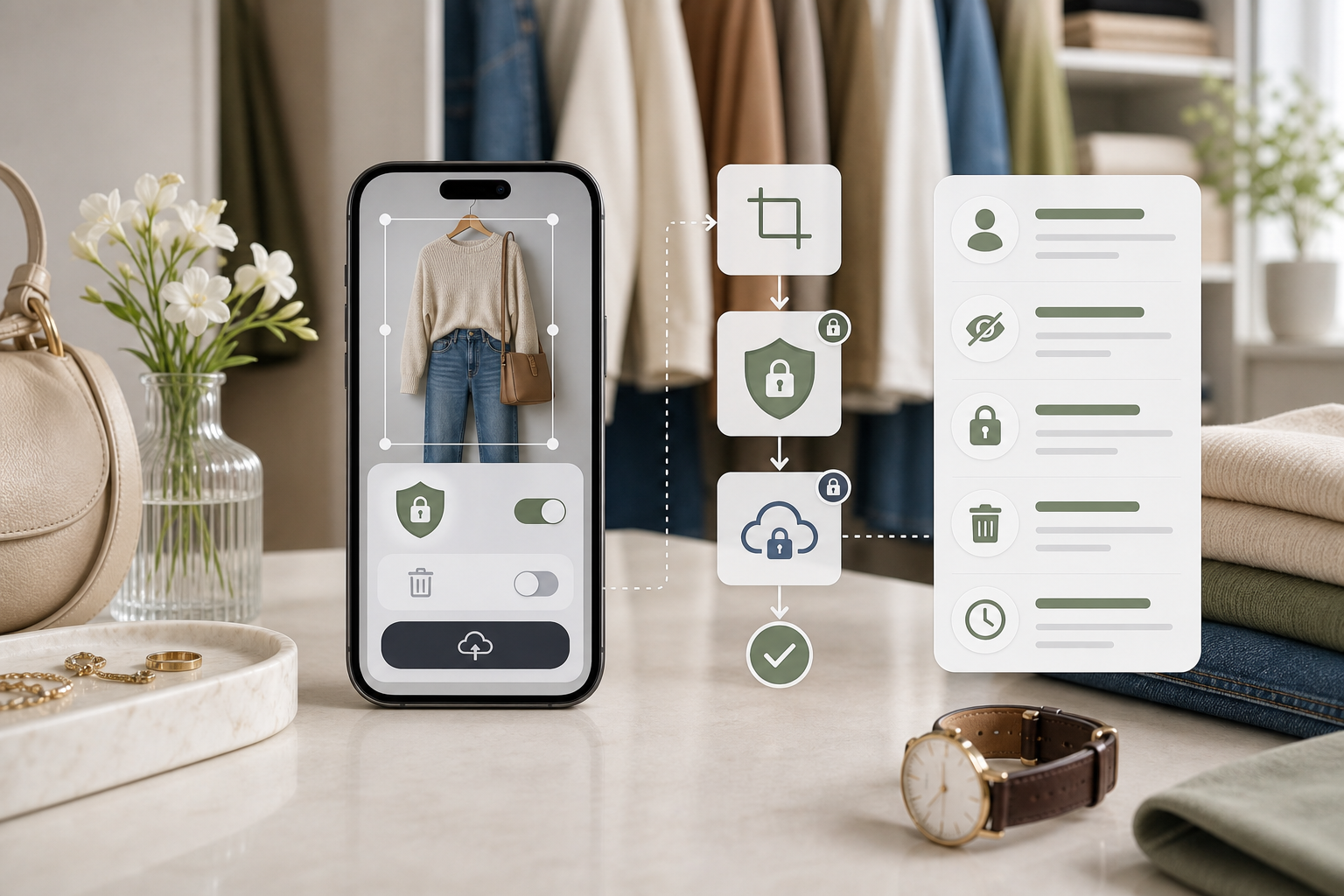 Privatsphaere-Workflow fuer virtuelle Anprobe mit Zuschnitt, Upload, Schloss, Loeschung und Checkliste