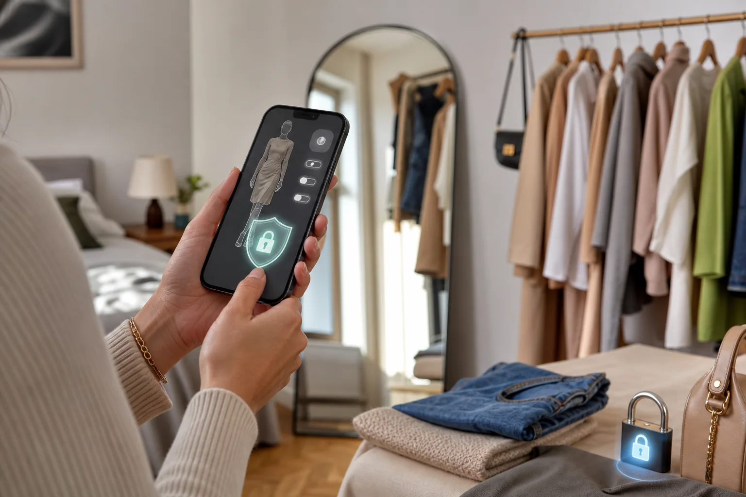 Persona usando una app de probador virtual con un escudo de privacidad en un vestidor