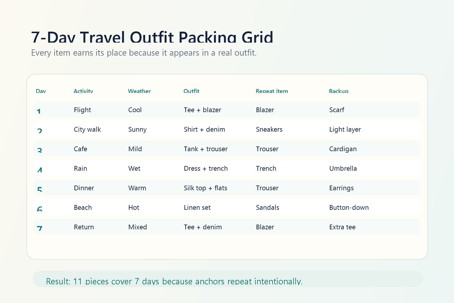 Seven day travel outfit packing grid with activity, weather, outfit, repeat item, and backup columns