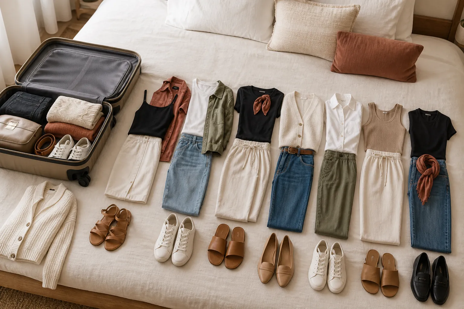Seven coordinated travel outfits beside an open carry-on, built from a compact capsule wardrobe