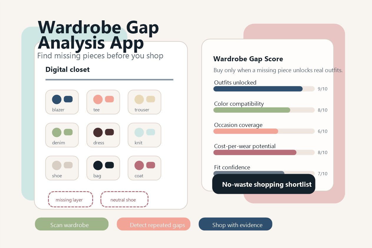 Wardrobe gap analysis app dashboard showing closet items, missing pieces, and a wardrobe gap score