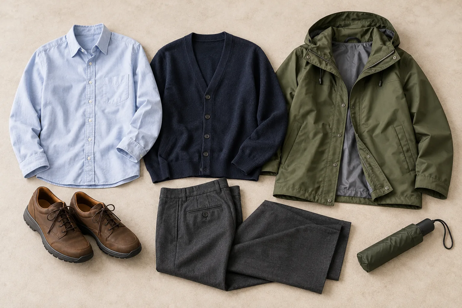 Chemise, cardigan bleu marine, veste de pluie olive, pantalon et chaussures pour une tenue en plusieurs couches