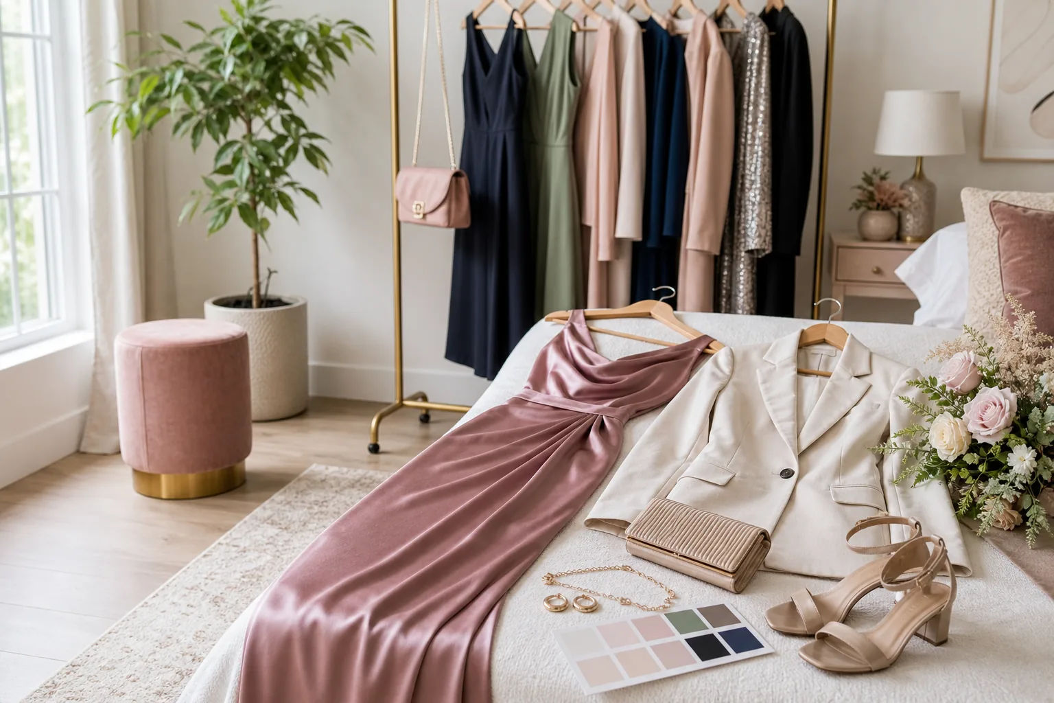 Wedding guest outfit options with dresses, blazer, heels, clutch, jewelry, and color palette in a bright dressing room