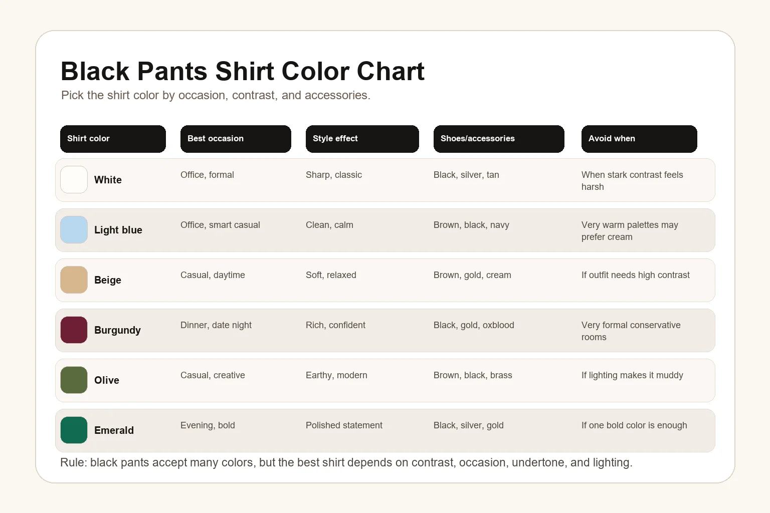 Black pants shirt color chart with white, blue, beige, burgundy, olive, and emerald shirt options