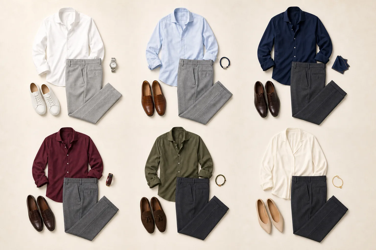 Farbtabelle für graue Hosen mit sechs abgestimmten Hemd-Outfits