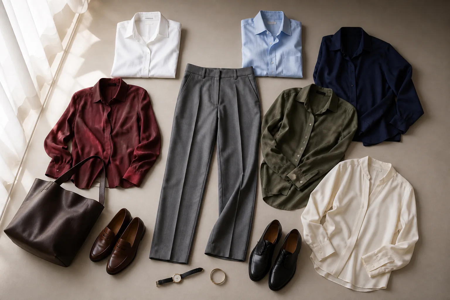 Grey trousers styled with white, blue, navy, burgundy, olive, and cream shirts